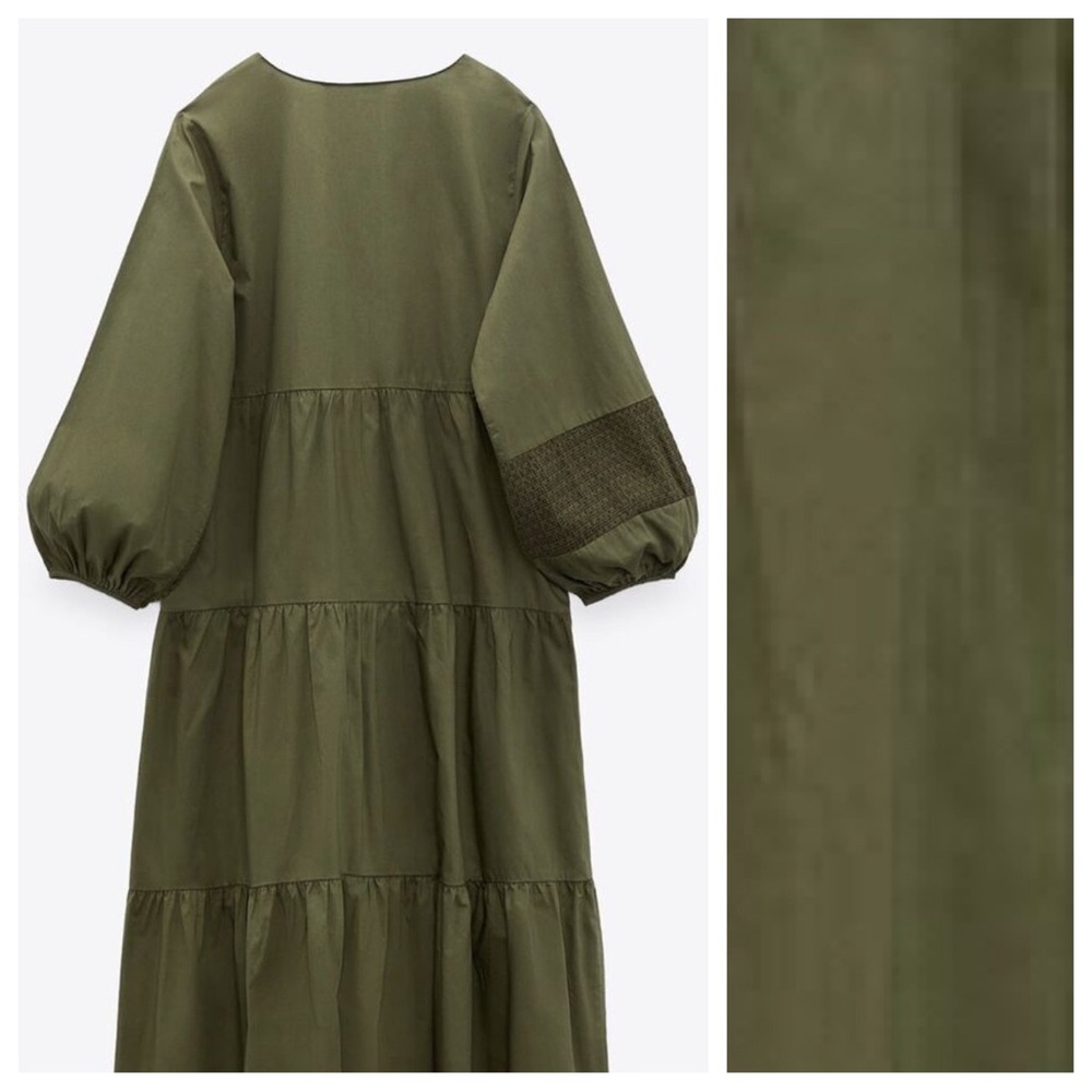 Zara Olive Patchwork V-Neck Tiered Midi Dress - Picture 10 of 16